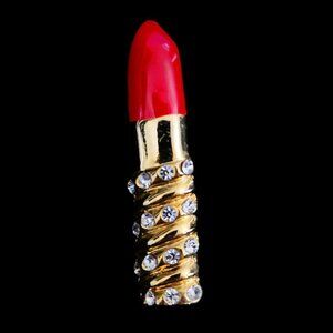 Vintage 1980s Red Lipstick Brooch Pin Rhinestone Glam